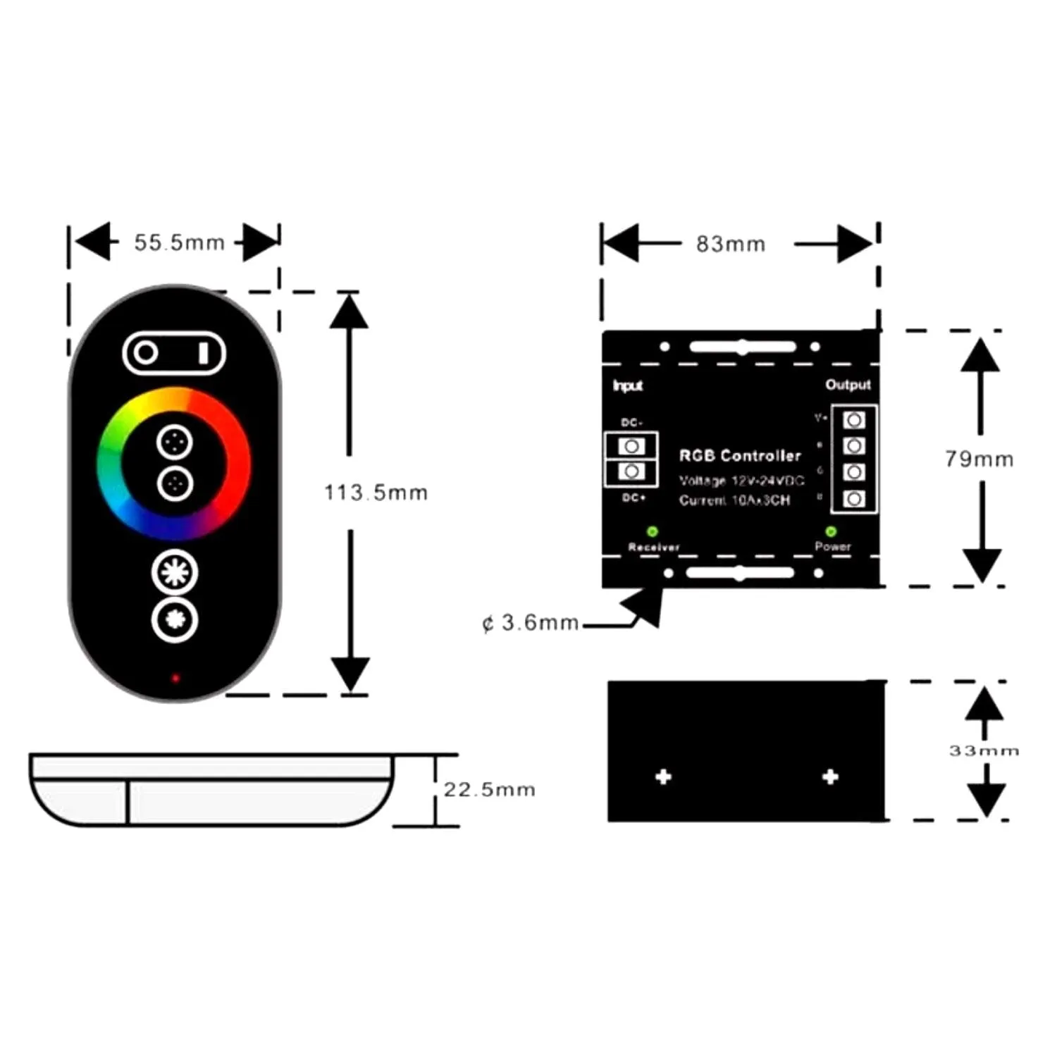 12V/24V RGB LED Strip Controller with Touch RF Remote 18A 3 Channel