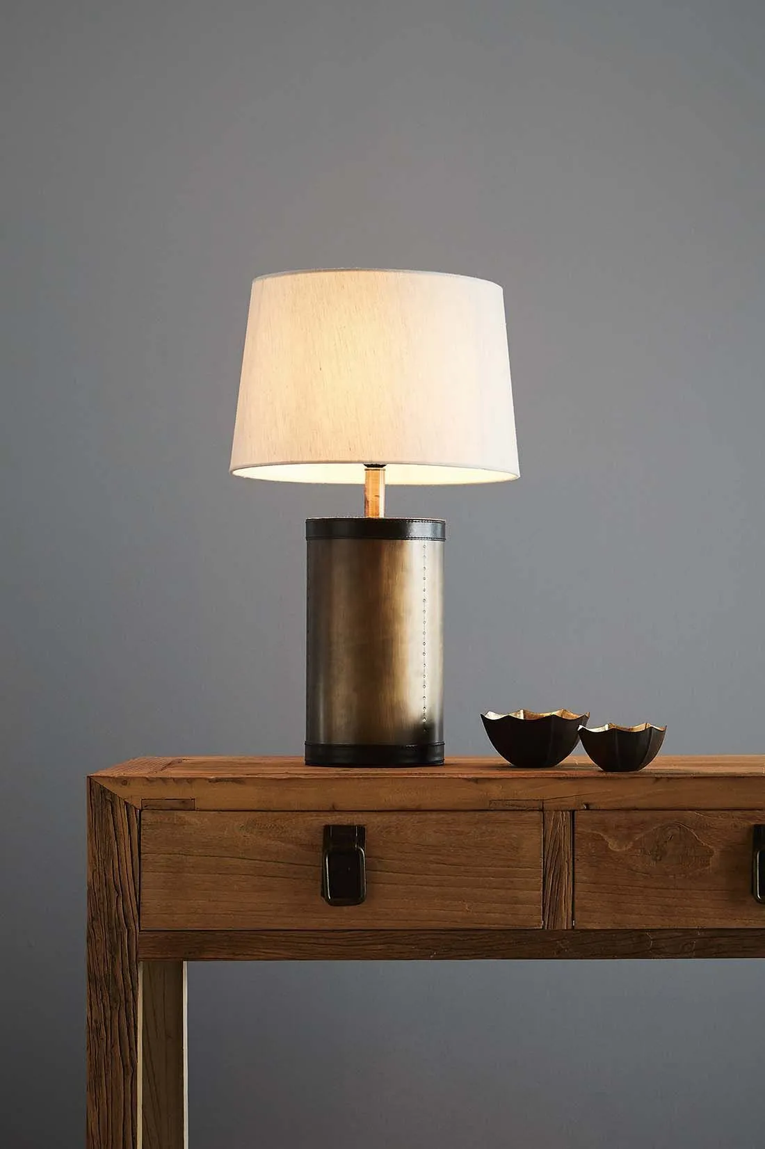 Admiralty Medium - Leather Top Drum Table Lamp - Antique Brass