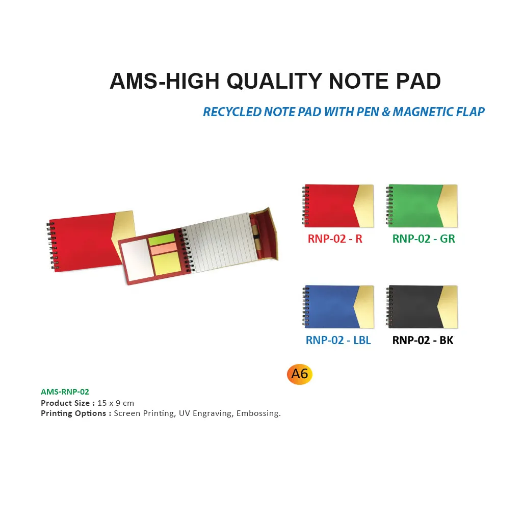 AMS-RNP-02 - Recycled Note pad with pen and magnetic flap