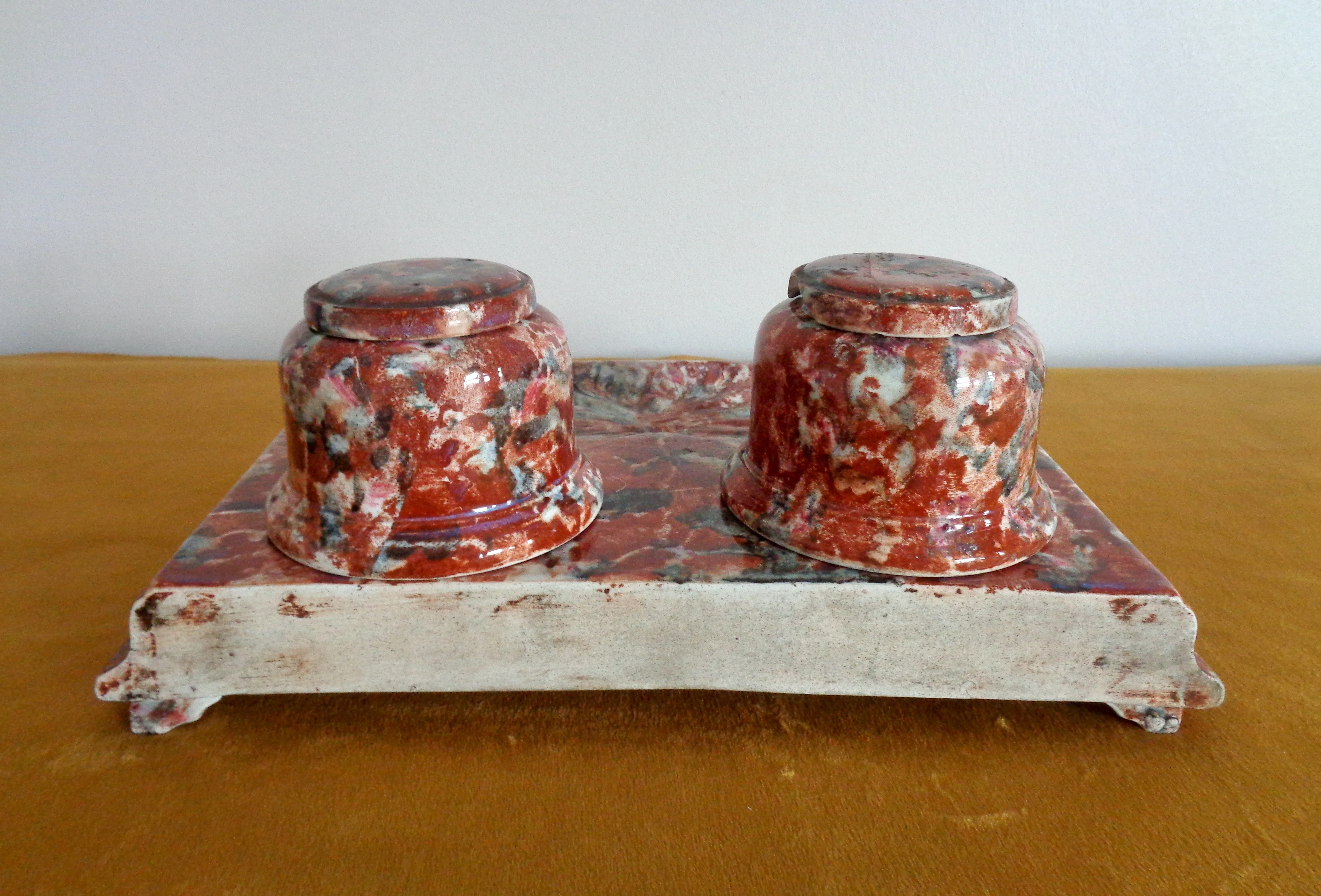 Art Deco Double Inkwell Desk Set In Marble Effect Spongeware Pottery