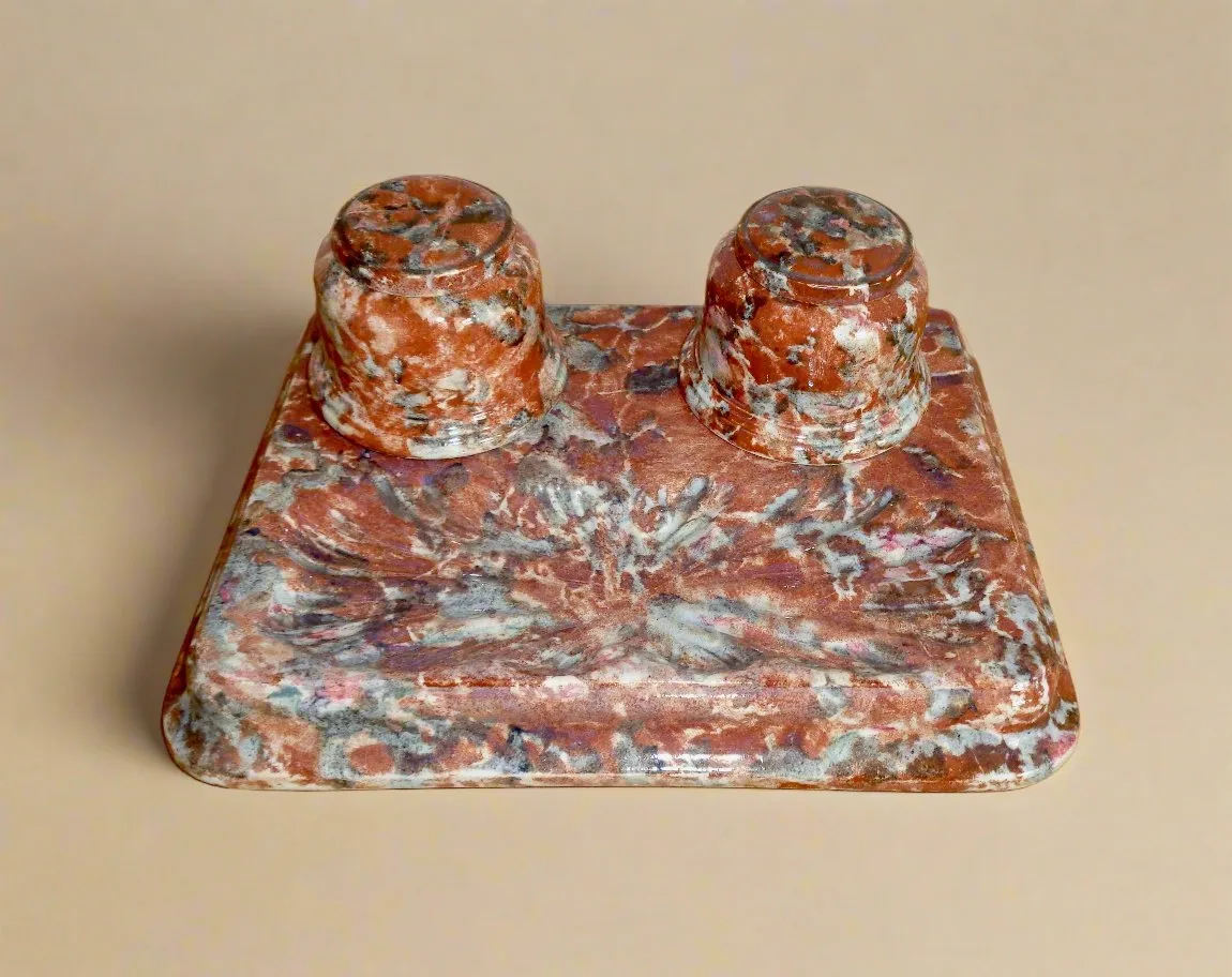 Art Deco Double Inkwell Desk Set In Marble Effect Spongeware Pottery