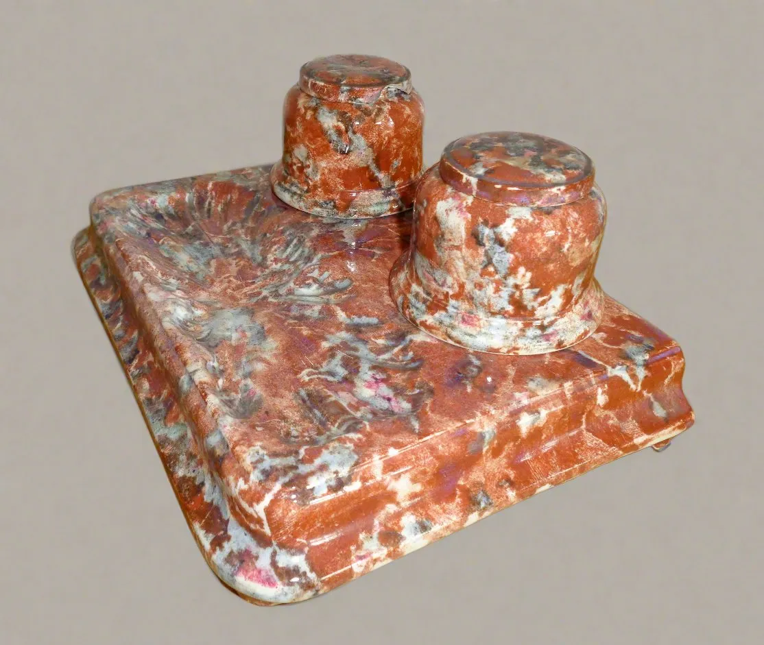 Art Deco Double Inkwell Desk Set In Marble Effect Spongeware Pottery