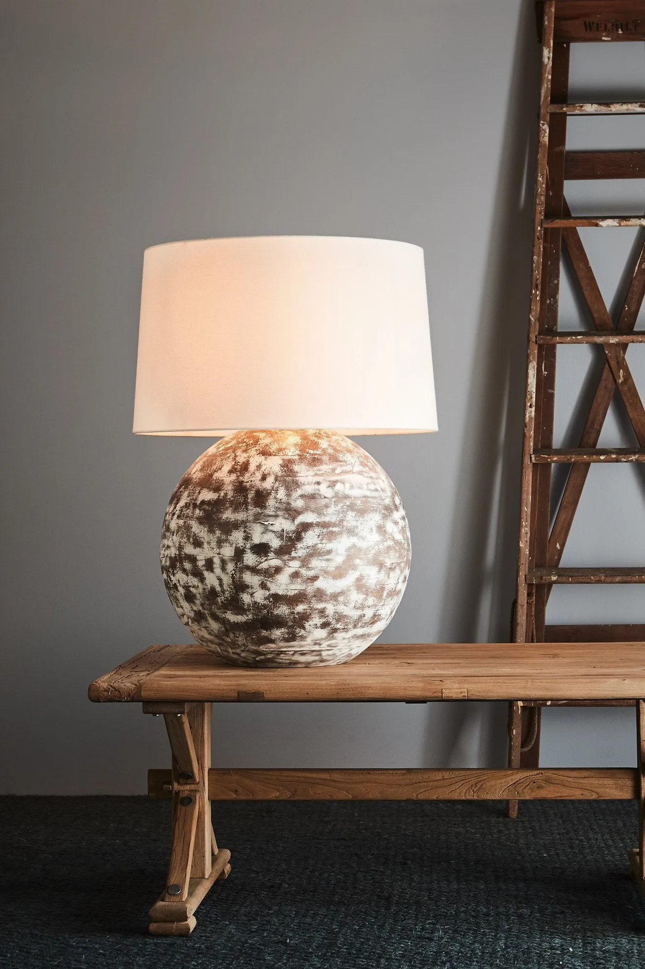 Boule Large - Distressed White - Turned Wood Ball Table Lamp