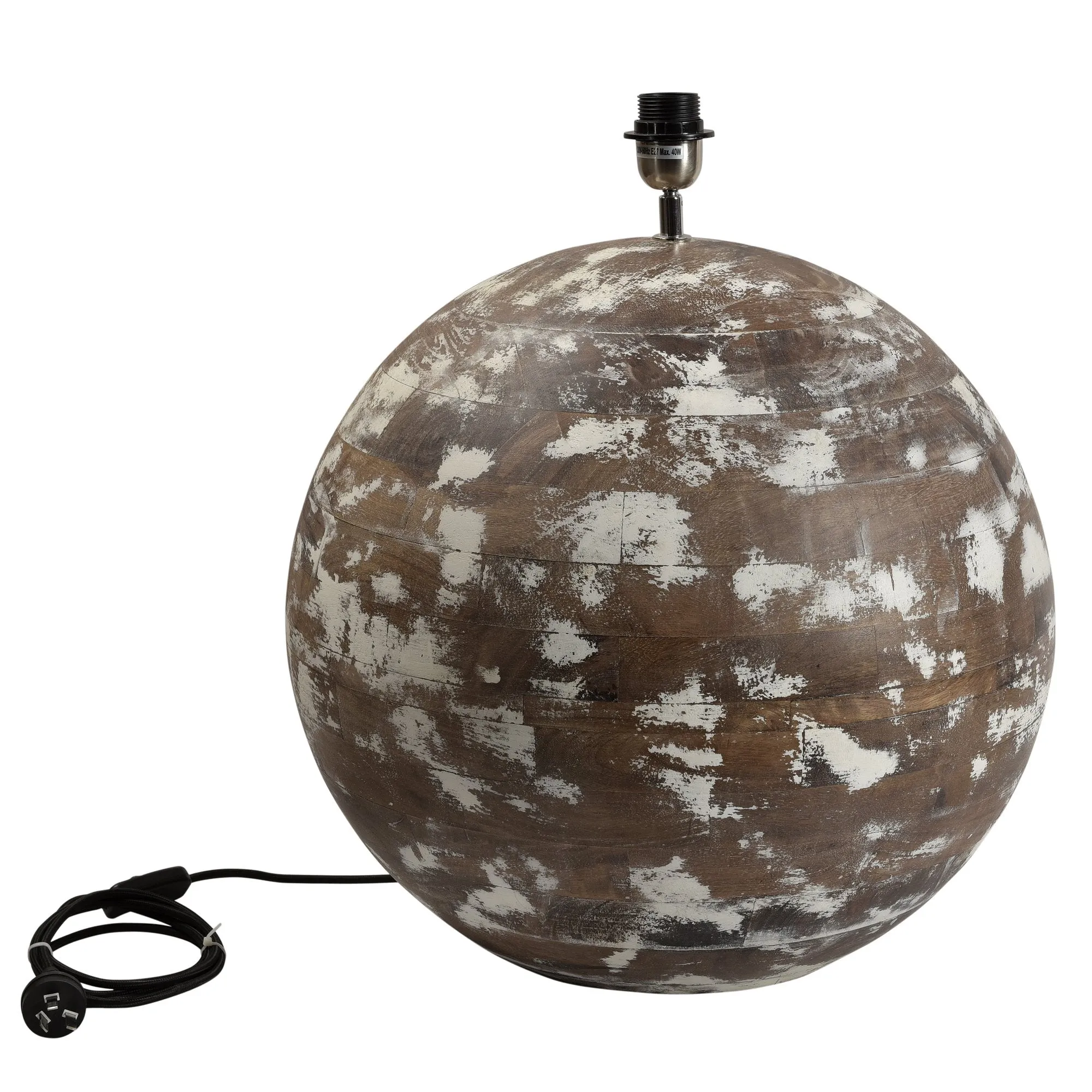 Boule Large - Distressed White - Turned Wood Ball Table Lamp