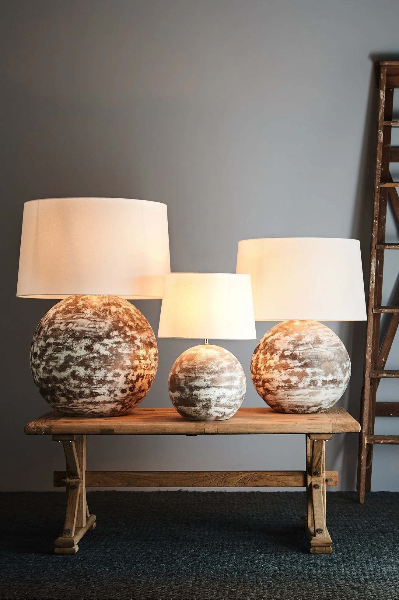 Boule Large - Distressed White - Turned Wood Ball Table Lamp