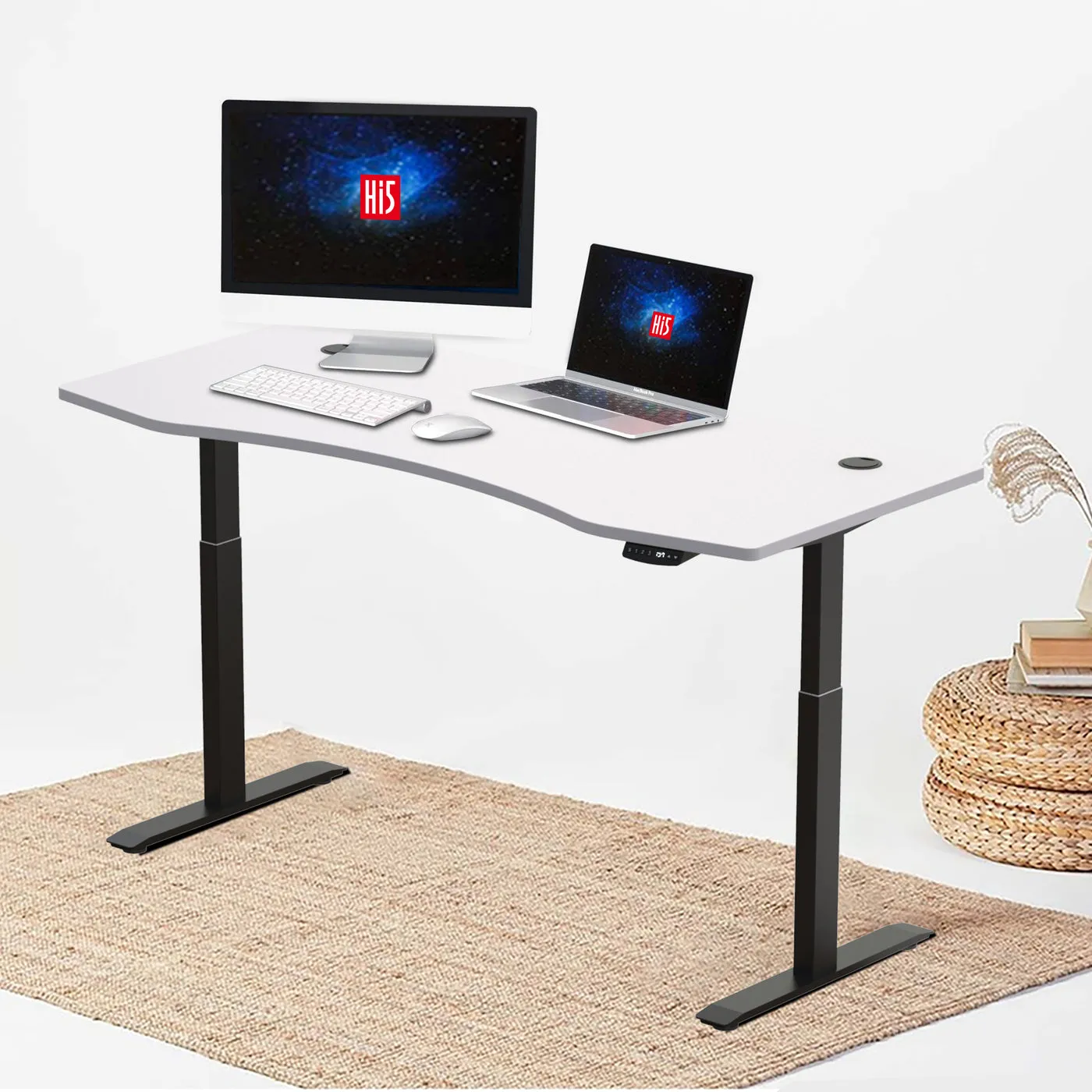 Hi5 Standing Desk with Ez Ergonomic Shape Table Top for Home Office Workstation with 4 colour options (UK Plug) Different sizes   Colours