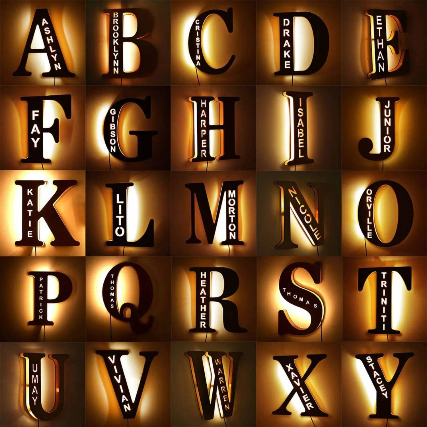 Hollow-Engraved Wooden Alphabet LED Night Light