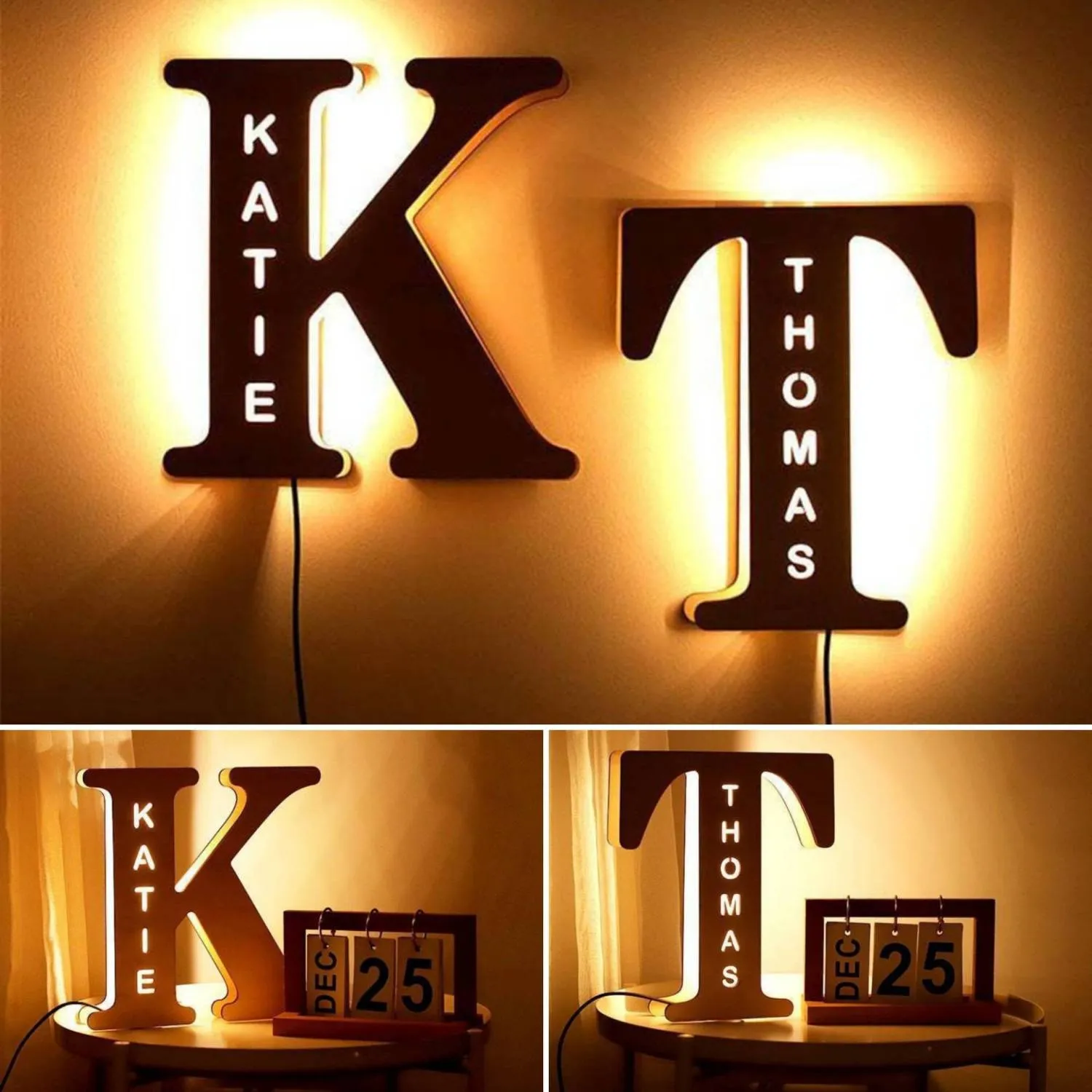 Hollow-Engraved Wooden Alphabet LED Night Light