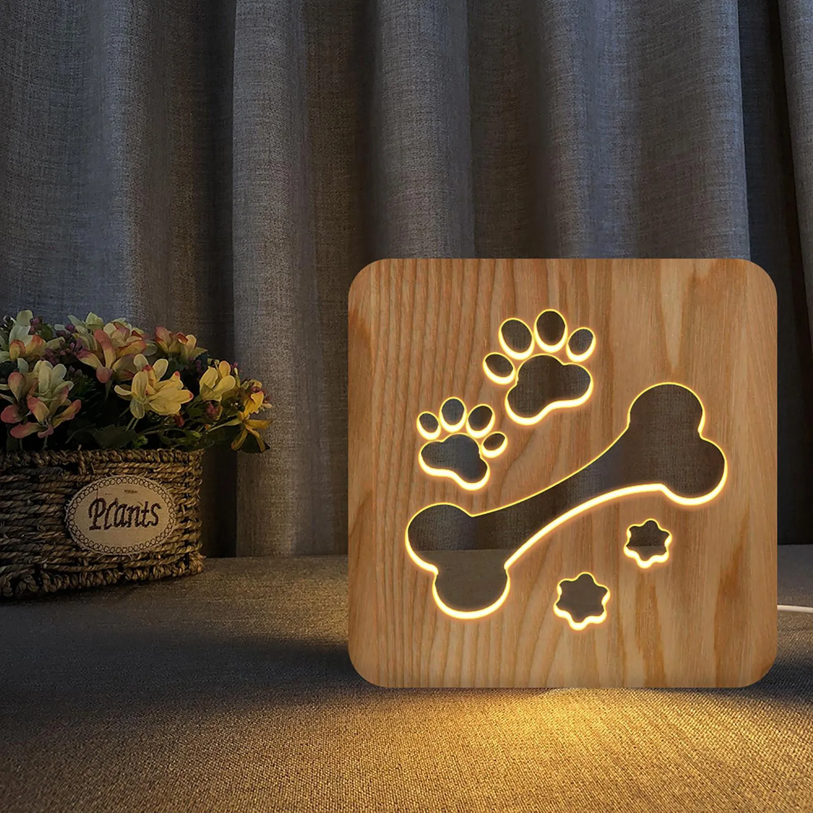 [MLS] LED Wooden Night Lamps for Bedrooms Table Lamp With 3D Pet Cat Lampshade USB