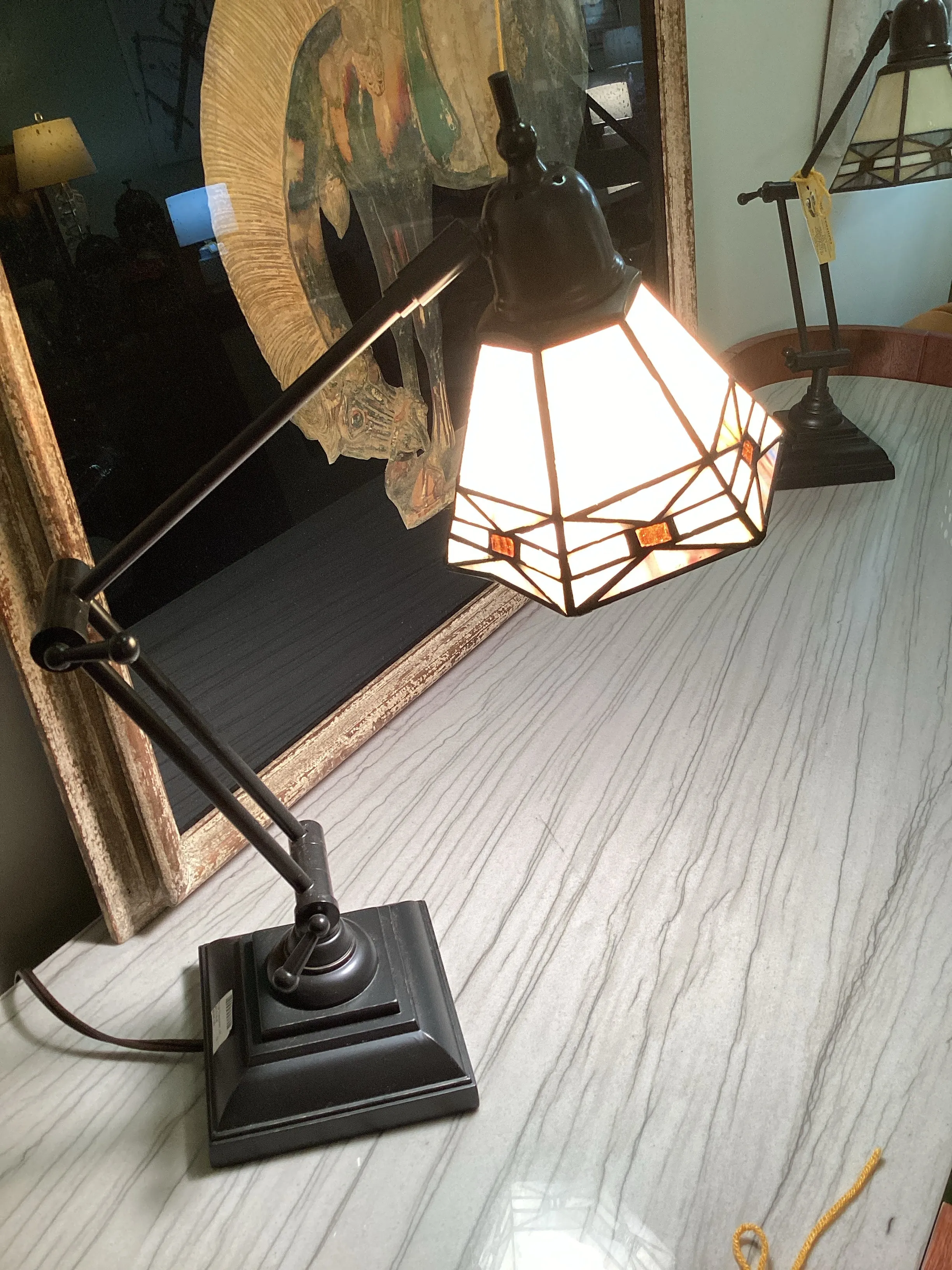 Pair Brown Desk Lamps with Stained Glass