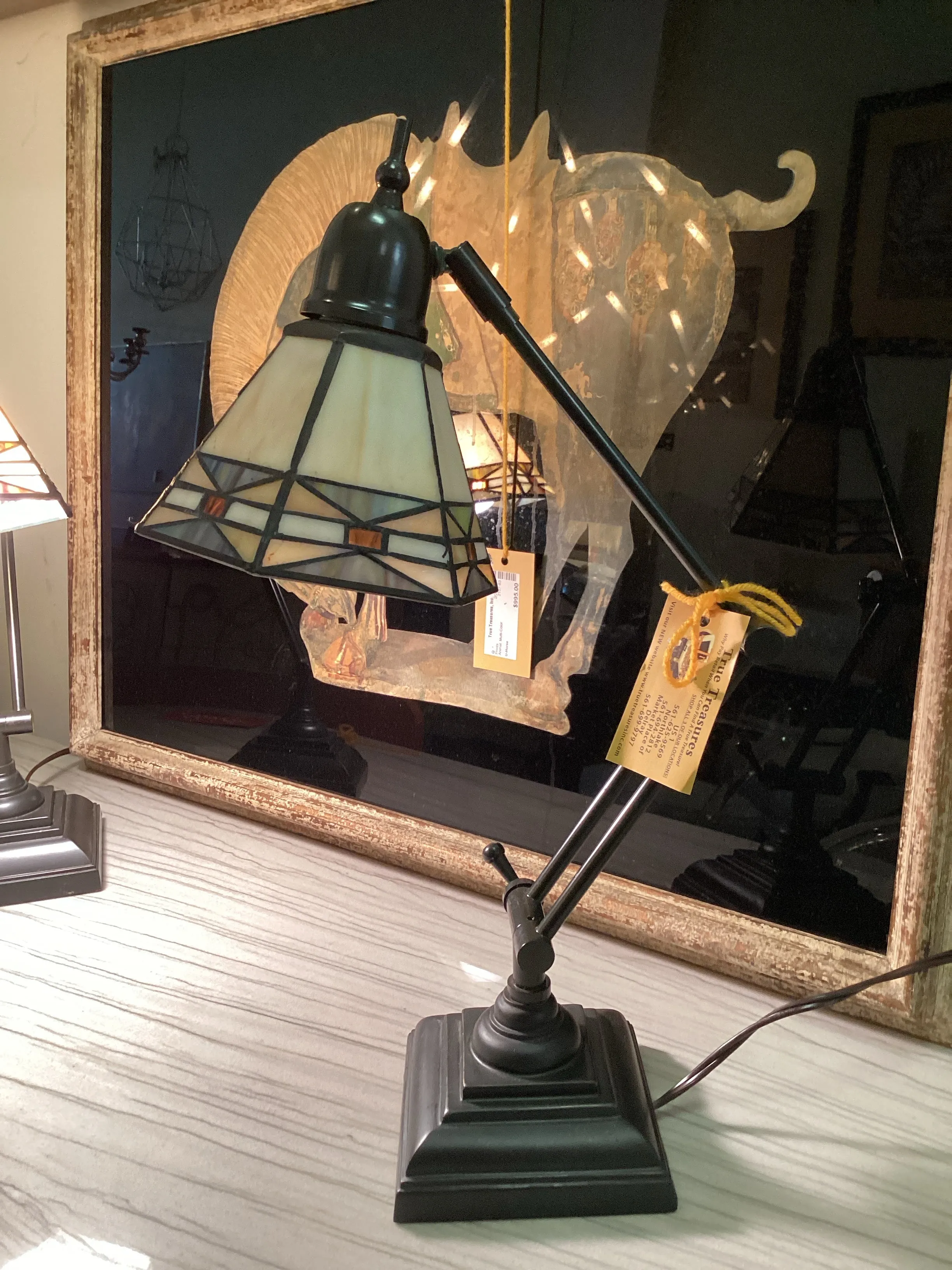 Pair Brown Desk Lamps with Stained Glass