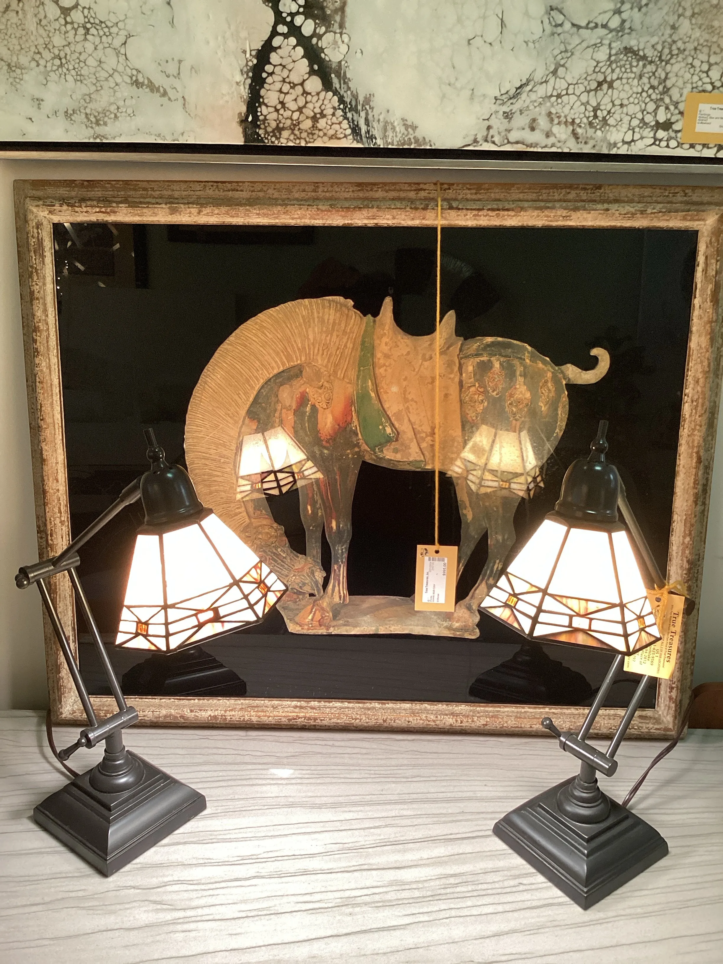 Pair Brown Desk Lamps with Stained Glass