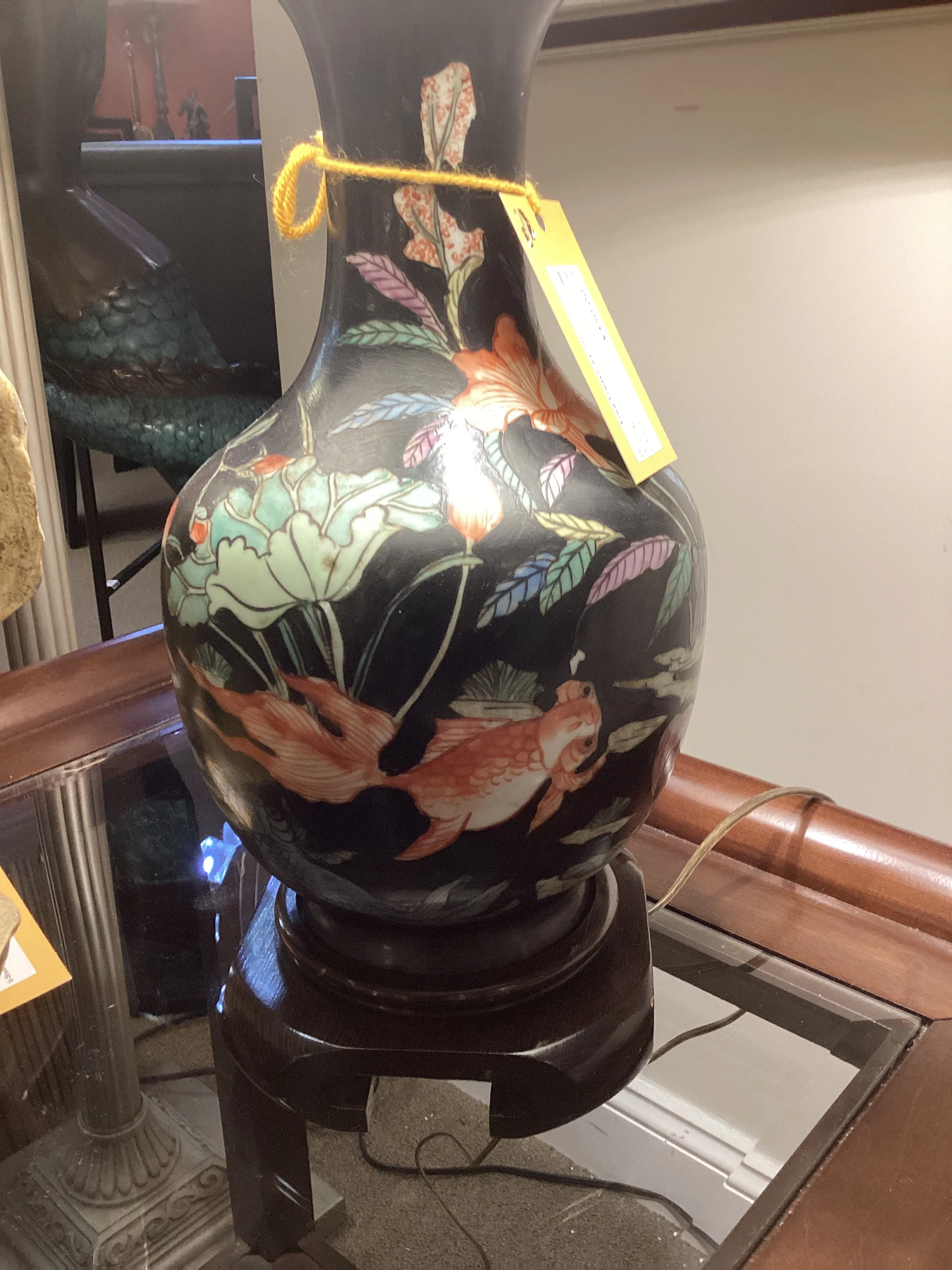 Pair of Black Asian Lamps with Fish Design