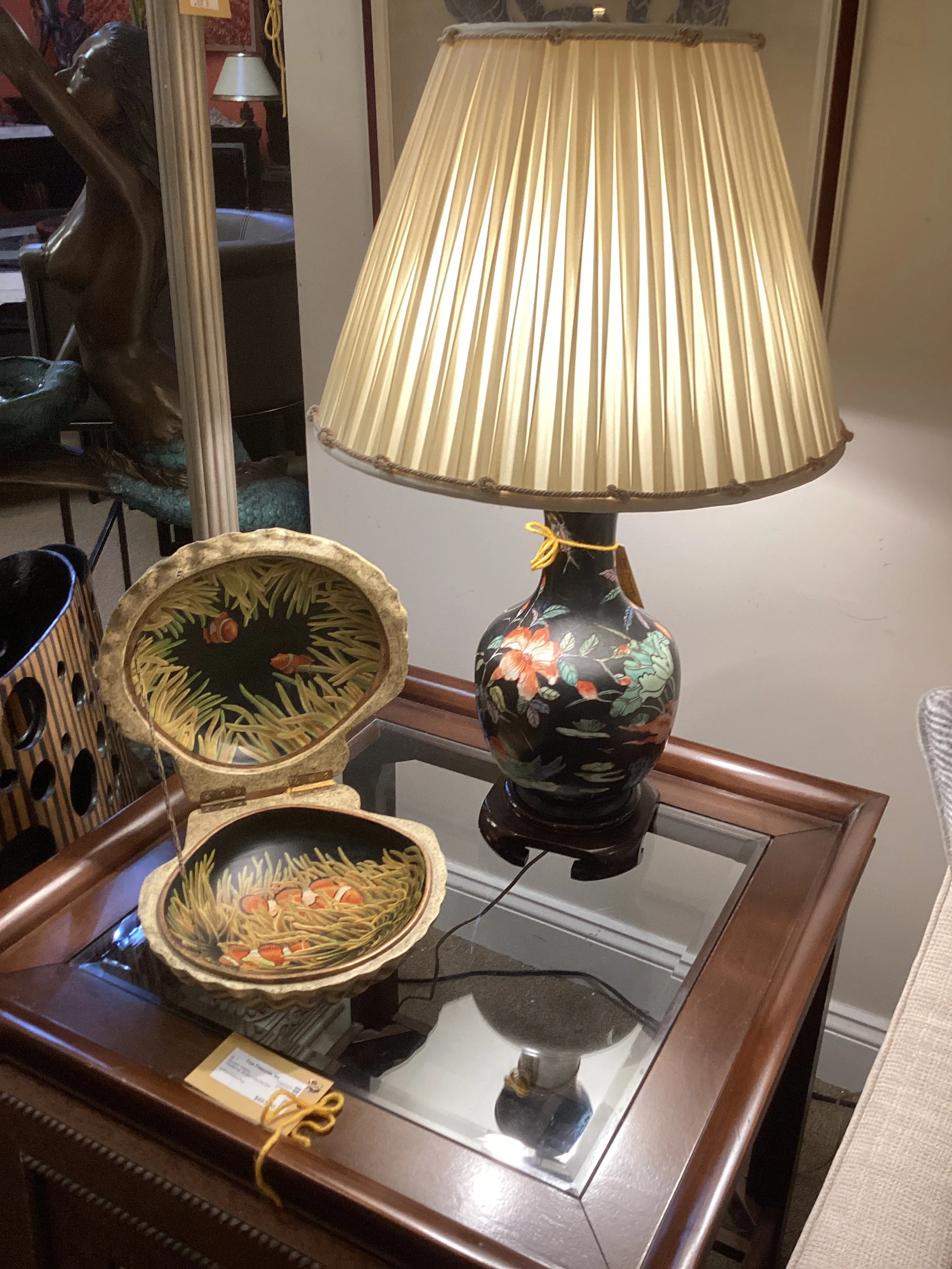 Pair of Black Asian Lamps with Fish Design