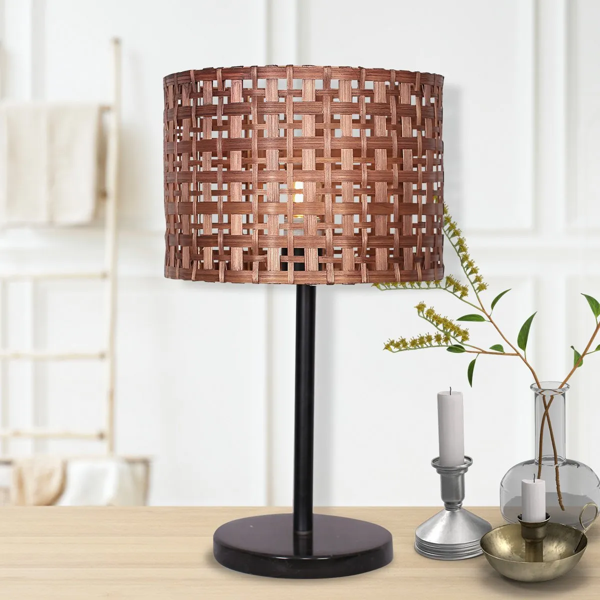 Sarantino Rattan Desk Lamp With Black Marble Base