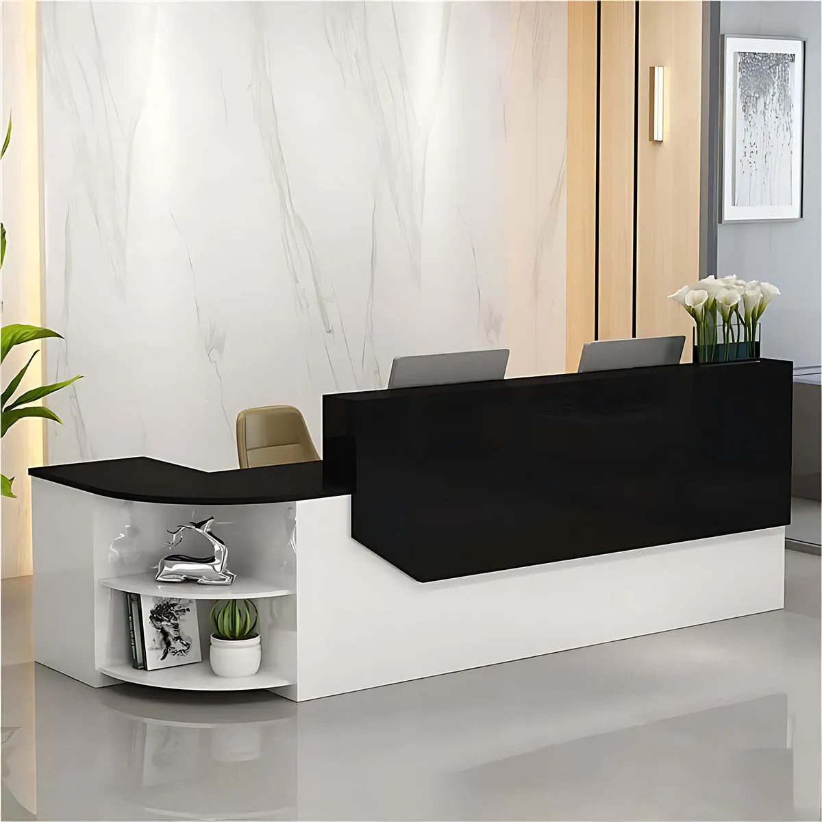 Simple L-shape Wood Reception Desk with Filing Cabinet