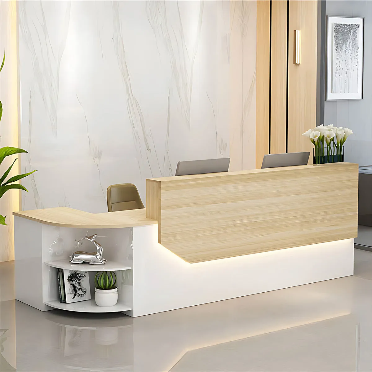 Simple L-shape Wood Reception Desk with Filing Cabinet